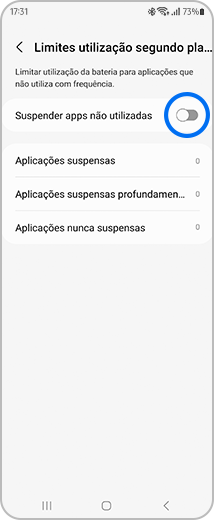 Vista do ecrã de “Limites utilização segundo plano” com o botão de alternar “Suspender apps não usadas”.