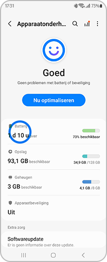 Weergave van het scherm “Apparaatonderhoud” met de “Batterij”-optie gemarkeerd.