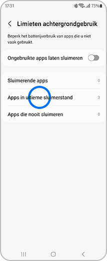 Weergave van het scherm “Liemeten achtergrondgebruik” met de optie "Apps in ultieme sluimerstand” gemarkeerd.