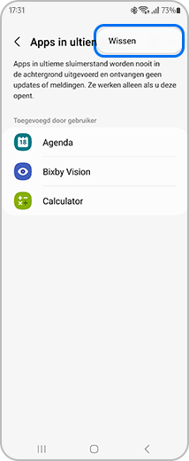 Weergave van het scherm “Apps in ultieme sluimerstand” met de “Wissen”-optie gemarkeerd.