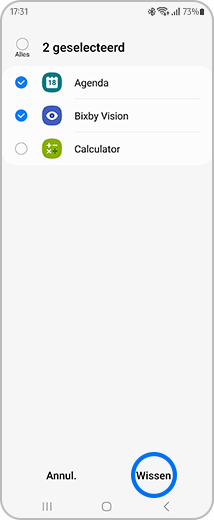 Voorbeeldweergave van twee geselecteerde apps en de optie "Wissen" gemarkeerd.