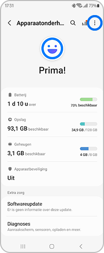 Weergave van het scherm "Apparaatonderhoud" met de optie "Meer opties" gemarkeerd.