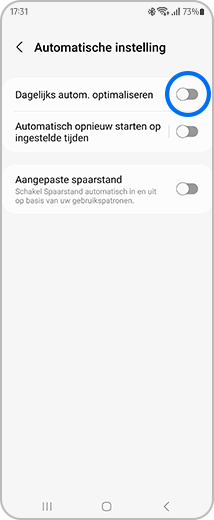 Weergave van het "Automatische instelling" scherm met de "Dagelijks automatisch optimaliseren" gemarkeerd.