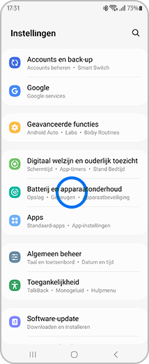 Weergave van het Instellingen-scherm van het apparaat met “Batterij en apparaatonderhoud” gemarkeerd.