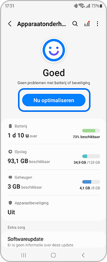 Weergave van het scherm "Apparaatonderhoud" met de optie "Nu optimaliseren” gemarkeerd.