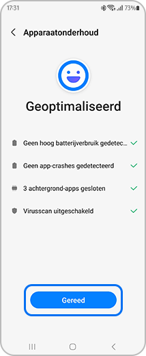 Weergave van het scherm “Apparaatonderhoud” met de “Gereed”-optie gemarkeerd.