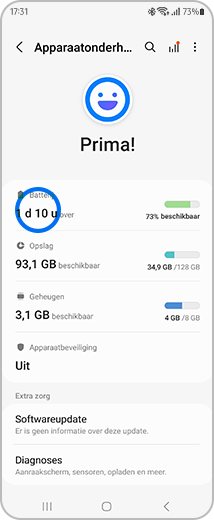 Weergave van het scherm “Apparaatonderhoud” met de “Batterij”-optie gemarkeerd.