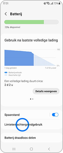 Weergave van het "Batterij”-scherm, met de “Liemeten achtergrondgebruik”-optie gemarkeerd.