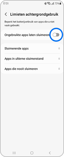 Weergave van het scherm "Liemeten achtergrondgebruik" met de schakelaar "Ongebruikte apps laten sluimeren" gemarkeerd.