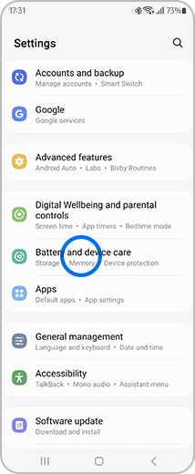 View of the “Settings” screen and the "Battery and device care" option highlighted.