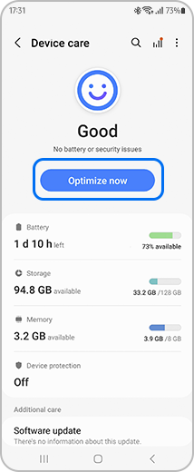 View of the "Device care" screen with the "Optimize now" option highlighted.