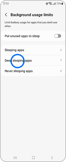 View of the "Background usage limits" screen and the "Deep sleeping apps" option highlighted.