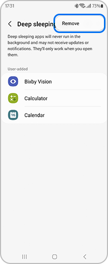 View of the "Deep sleeping apps" screen and the "Remove" option highlighted.
