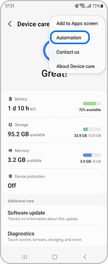 View of the "Device care" main screen with the "Automation" option highlighted.