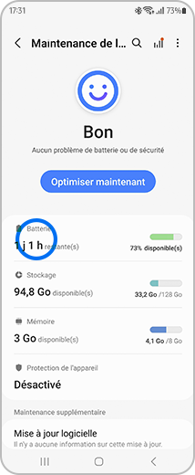 Vue de l’écran « Maintenance de l’appareil » avec l’option « Batterie » en évidence.