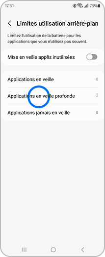 Vue de l’écran « Limites utilisation arrière-plan » et de l’option « Applications en veille profonde » en évidence.