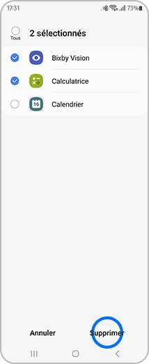 Exemple de vue de deux applications sélectionnées et de l’option « Supprimer » en évidence.