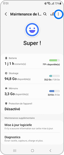 Vue de l’écran principal de « Maintenance de l’appareil » avec l’icône plus d’options en évidence.