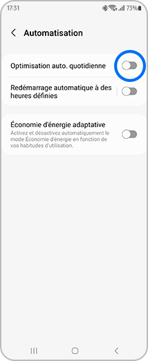 Vue de l’écran « Automatisation » avec les boutons à bascule « Optimisation auto. quotidienne » et « Redémarrage automatique à des heures définies » en évidence.