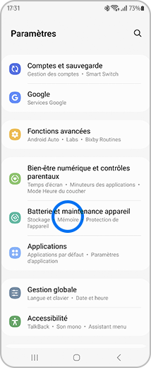 Vue de l’écran « Paramètres » et de l’option « Batterie et maintenance appareil » en évidence.