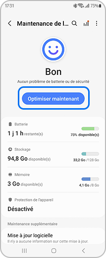 Vue de l’écran « Maintenance de l’appareil » avec l’option « Optimiser maintenant » en évidence.
