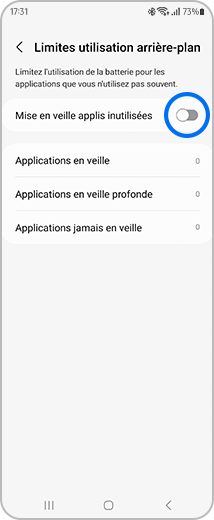 Vue de l’écran « Limites utilisation arrière-plan » avec le bouton à bascule « Mise en veille applis inutilisées » et l’option « Applications en veille » en évidence.