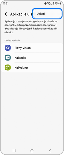Prikaz zaslona „Aplikacije u stanju dugog mirovanja“ s istaknutom opcijom „Ukloni“
