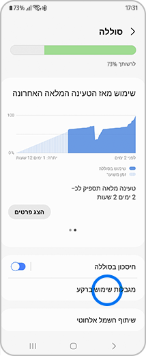 תצוגה של המסך "סוללה" עם האפשרות "מגבלות שימוש ברקע" מודגשת.