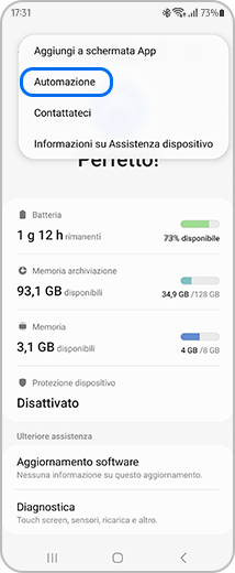 Immagine della schermata “Assistenza dispositivo” con l’opzione “Automazione” evidenziata.