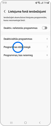 Ekrāns "Lietojuma fonā ierobežojumi" ar izceltu opciju "Programmas dzilâ miegâ".