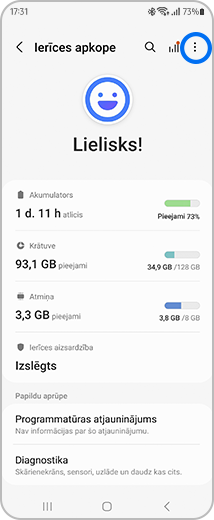 Sadaļas "Ierīces apkope" galvenais ekrāns ar izceltu papildu opciju ikonu.