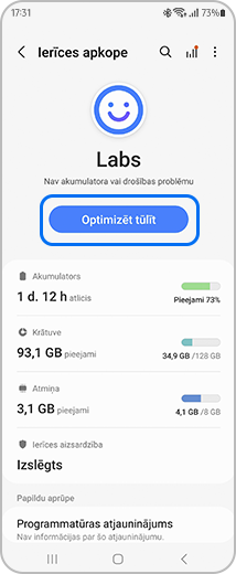 Ekrāns "Ierīces apkope" ar izceltu opciju "Optimizēt tūlīt".