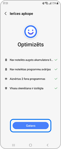 Ekrāns "Ierīces apkope" ar izceltu opciju "Gatavs".