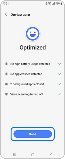 View of the “Device care” screen with the "Done" option highlighted.