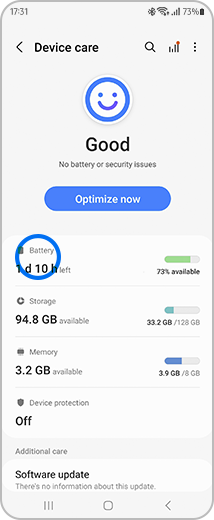 View of the “Device care” screen with the "Battery" option highlighted.