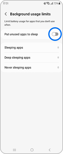 View of the "Background usage limits" screen with the "Put unused apps to sleep" toggle button highlighted.