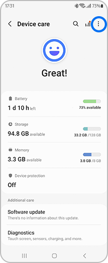 View of the main screen of "Device care" with the more options icon highlighted.