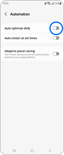 View of the "Automation" screen with the "Auto optimize daily" toggle button highlighted.
