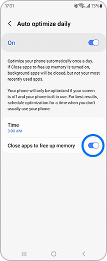 View of the "Auto optimize daily" screen with the "Close apps to free up memory" toggle button highlighted.