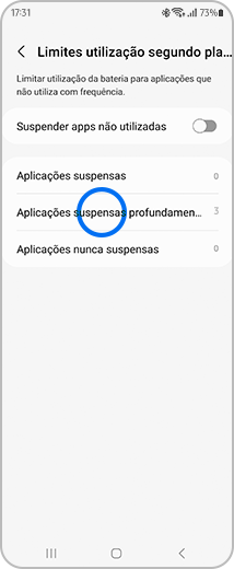 Vista do ecrã “Limites utilização segundo plano”, com destaque para a opção “Aplicações suspensas profundamente”.