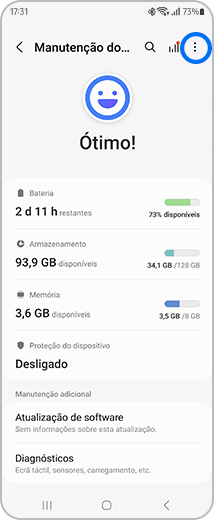 Vista do ecrã principal de "Manutenção do dispositivo", com destaque para o ícone de mais opções.
