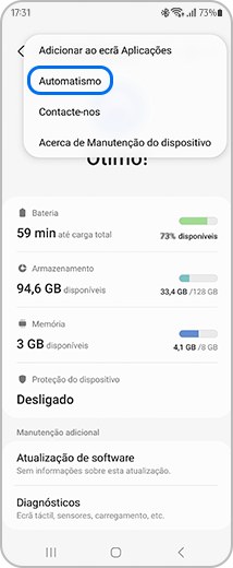 Vista do ecrã principal de “Manutenção do dispositivo”, com destaque para a opção “Automatismo”.