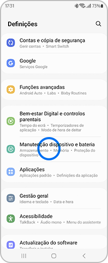 Vista do ecrã de “Definições”, com destaque para a opção “Manutenção dispositivo e bateria”.