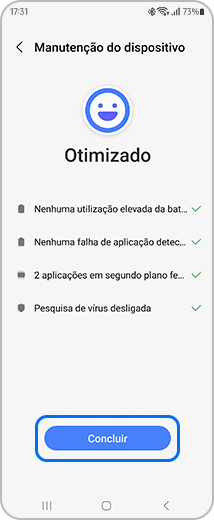 Vista do ecrã “Manutenção do dispositivo”, com destaque para a opção “Concluir”.