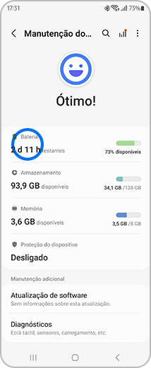 Vista do ecrã “Manutenção do dispositivo”, com destaque para a opção “Bateria”.
