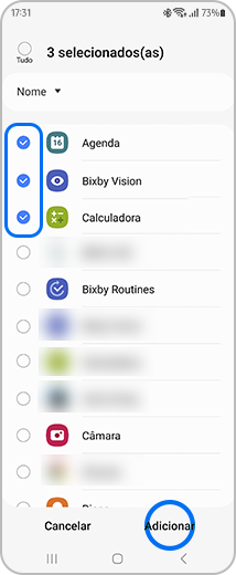 Vista de exemplo de algumas aplicações selecionadas e a opção “Adicionar” em destaque.