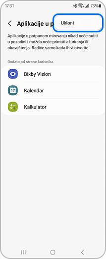 Prikaz ekrana „Aplikacije u potpunom mirovanju” sa označenom opcijom „Ukloni”