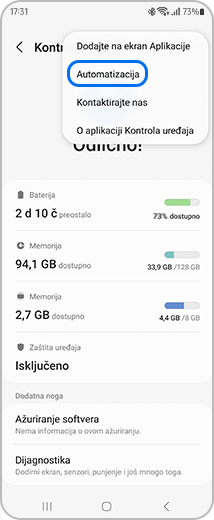 Prikaz ekrana „Kontrola uređaja” sa označenom opcijom „Automatizacija”.