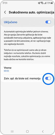 Prikaz ekrana „Svakodnevna automatska optimizacija” sa označenom opcijom „Zatv apl da biste osl memoriju”.