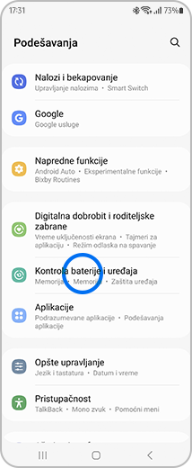 Prikaz ekrana sa funkcijom „Podešavanja” i označenom opcijom „Kontrola baterije i uređaja”.
